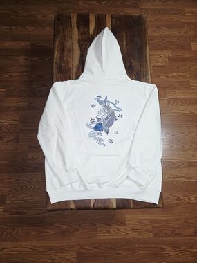 NIEPCE Men’s Embroidered Blue "Koi Fish" White Pullover Hoodie. Size X-Large